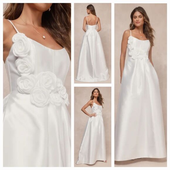 New LULUS Wmn's (L) Dreamy Forever White Taffeta Rosette Maxi Dress with Pockets - Picture 1 of 16